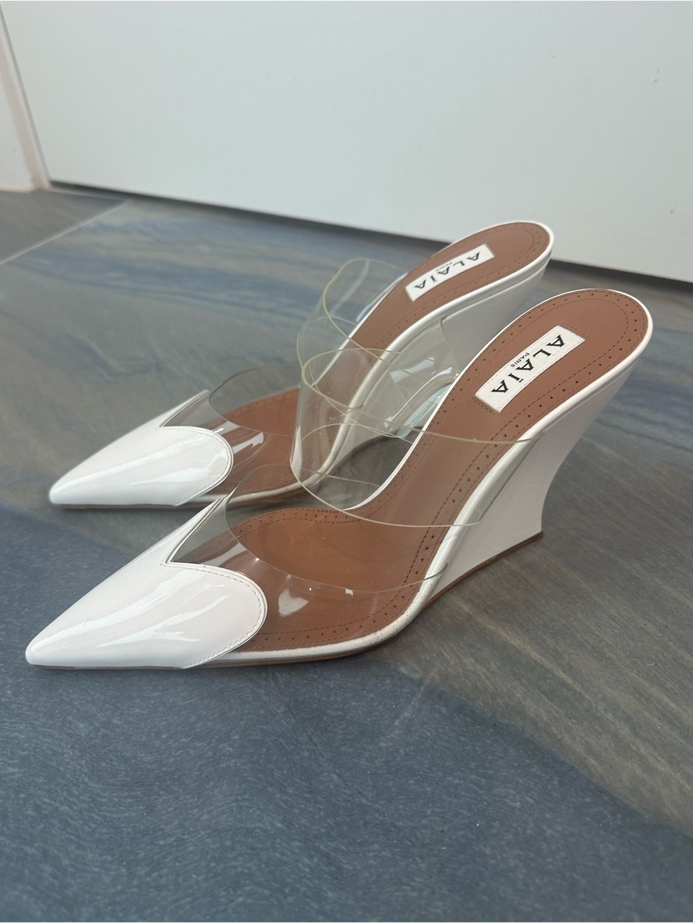 Alaia White Patent Pointed Wedge Mules with Clear Straps 38 US 8 $1595